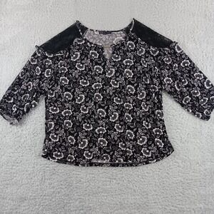 Adrienne Vitadini Womens 1X Black White Floral Lace Shoulder 3/4 Sleeve Blouse